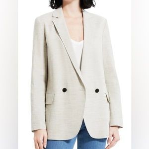 🔥THEORY Boy Double-Breasted Stretch Linen-Blend Blazer Size 6 in Oat Melange 🔥